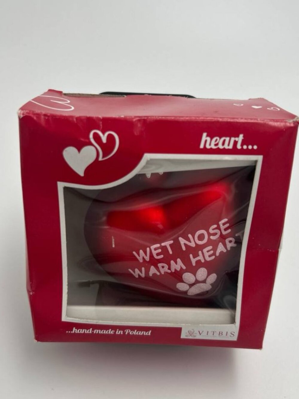 Vitbis Polish Glass Heart Christmas Ornament Wet Nose Warm Heart Dog Lover NIB